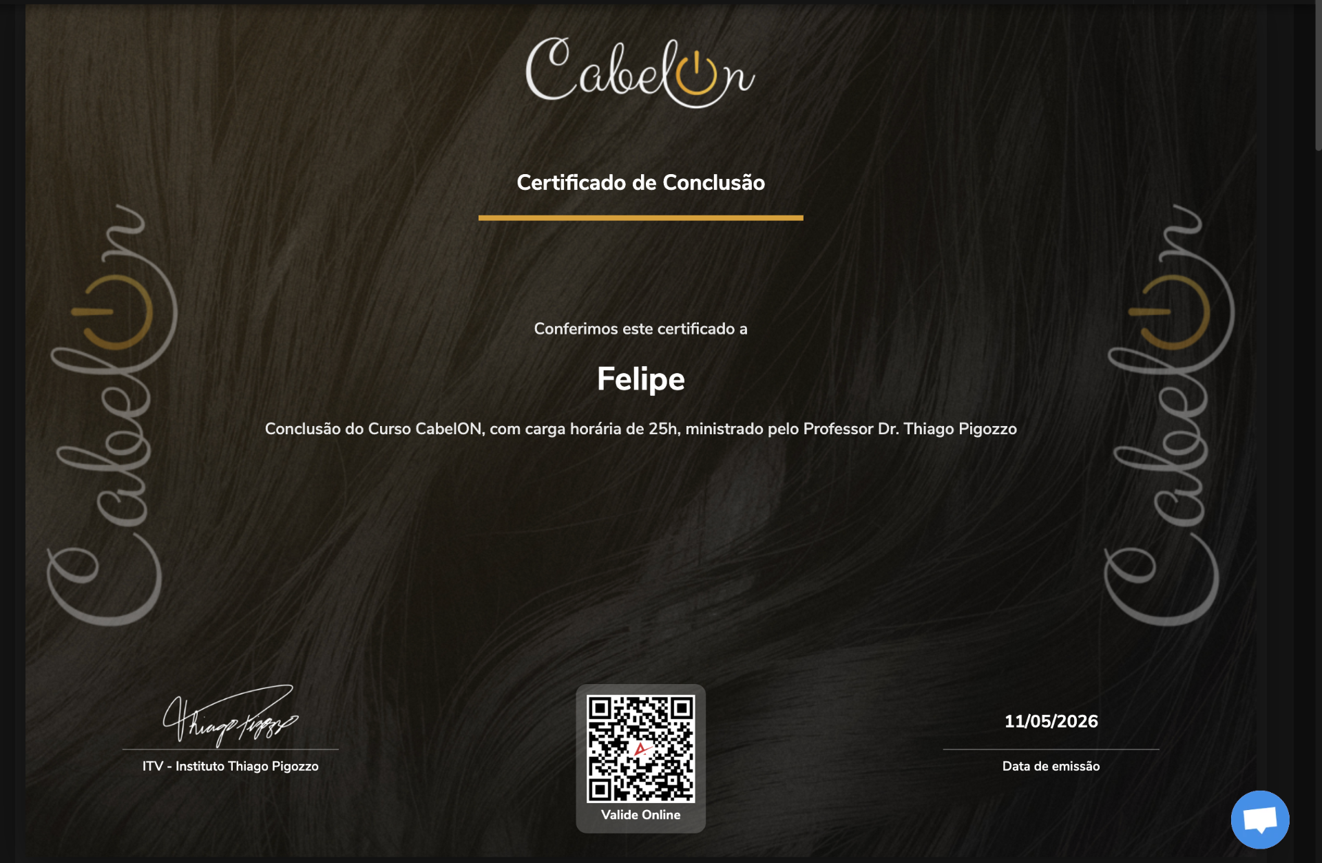 Certificado de Conclusão CabelON — 25 horas, ministrado pelo Dr. Thiago Pigozzo